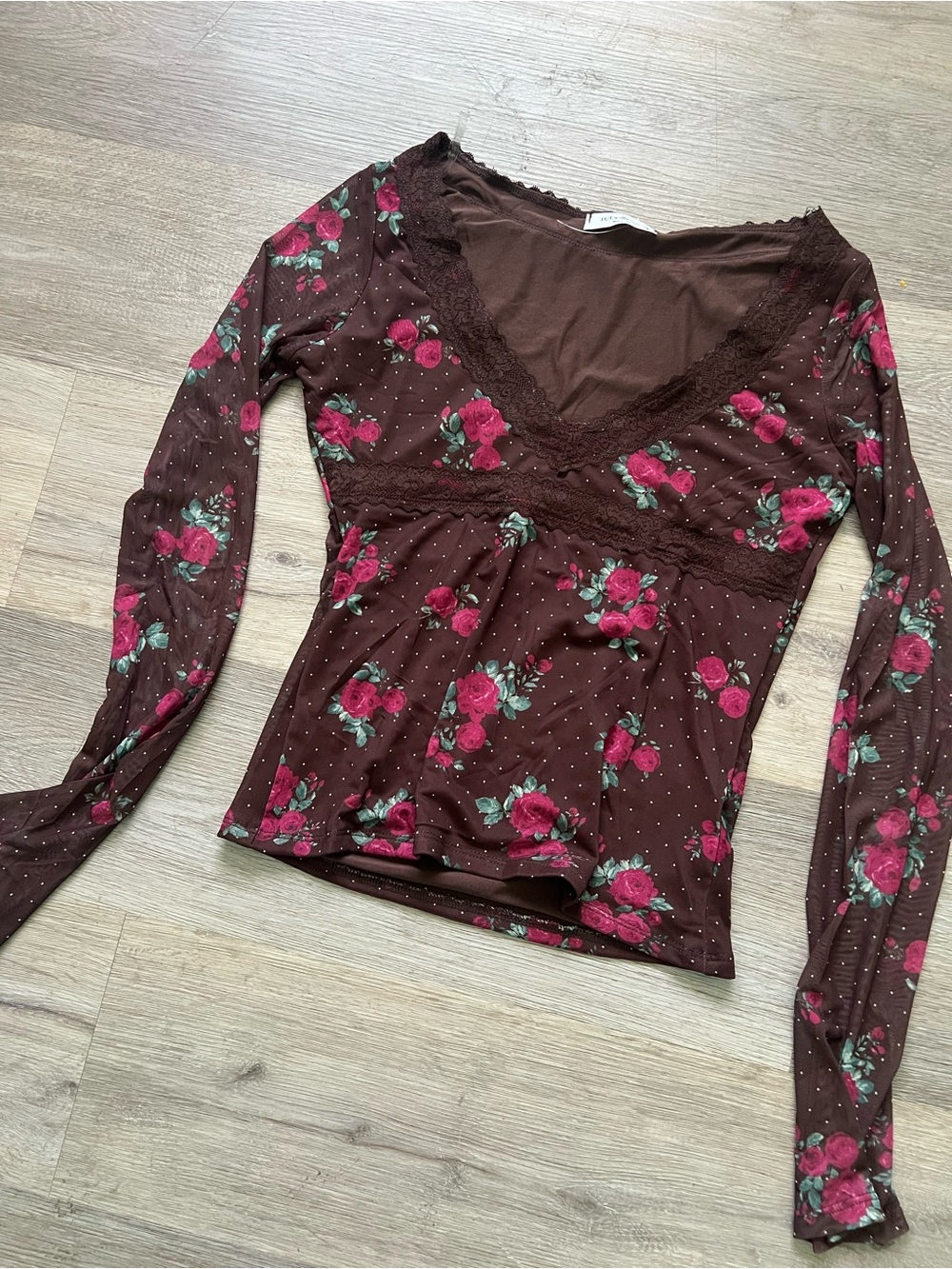 Rebellious Brown Long Sleeve V-Neck Top with Pink Rose Print